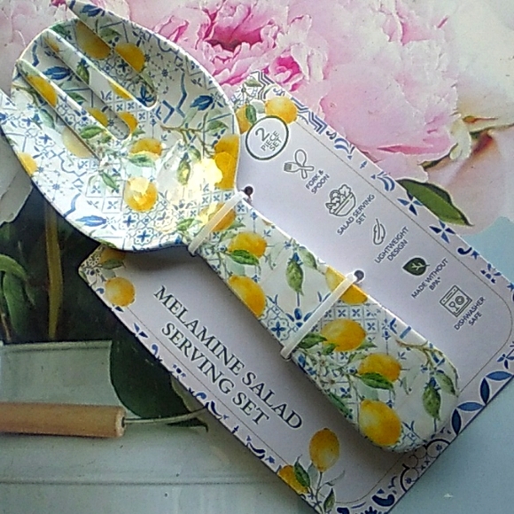 Lemon print melamine salad serving utensils set - Picture 1 of 3